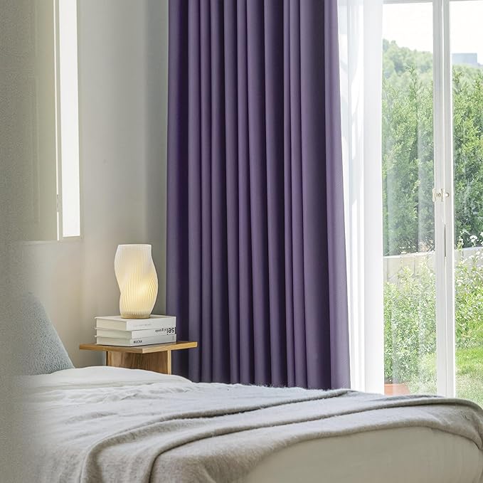 FMFUNCTEX 100% Blackout Curtains for Bedroom, Purple Curtains 96 Inches Long Textured Thermal Insulated Curtains for Living Room Drapes, Black Out Drapery Grommet Room Darkening 2 Panels