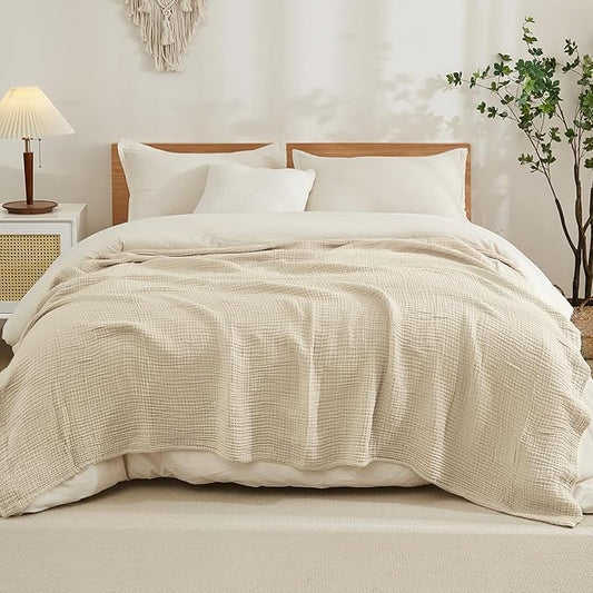 EMME Cotton Blanket Queen Size for Bed Soft Muslin Bed Blankets 90"x90" Light Tan Lightweight Breathable Bedspread Coverlet All Season Gauze