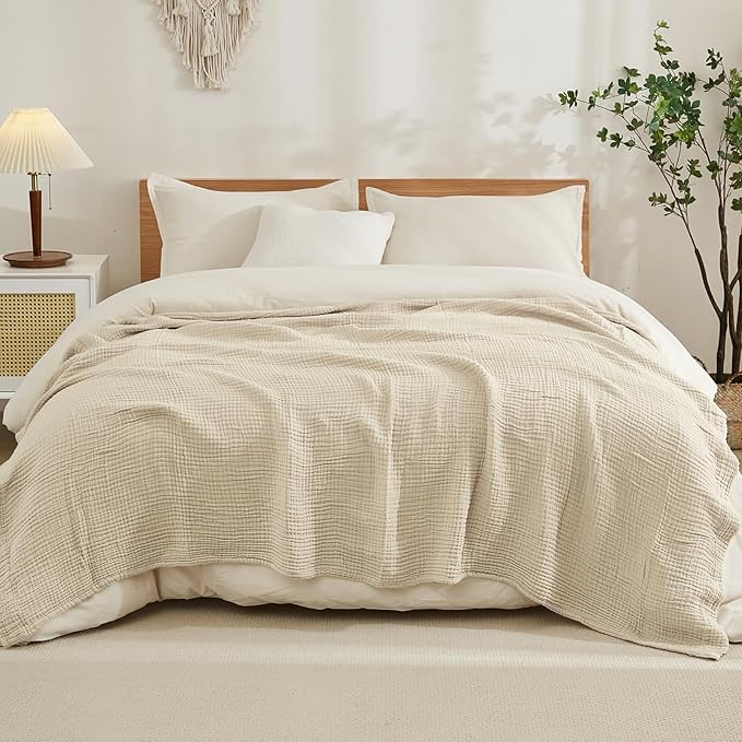 EMME Cotton Muslin King Blanket Big Oversized Bed Layering Bedspread Coverlet Light Tan Breathable Gauze Soft Lightweight Blankets (120"x94")