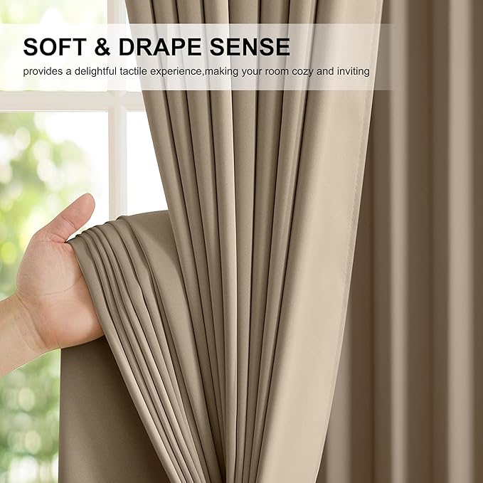 NICETOWN Taupe 100% Blackout Curtains for Bedroom, 52x84 Inches Set of 2 for Living Room, Rod Pocket Back Tab & Noise Reducing Drapes Black Lined Insulated Window Treatment Panels