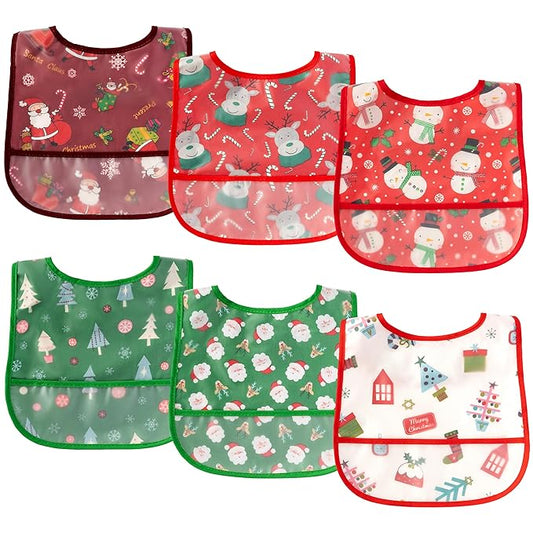 2ooya Christmas Baby Feeding Bib - 6Pcs Toddler Waterproof Food Bibs with Crumb Catcher Pocket Xmas Infant Adjustable Sleeveless Baby Bib First Christmas Gift for Eating Teething Drooling, 6-24 Months