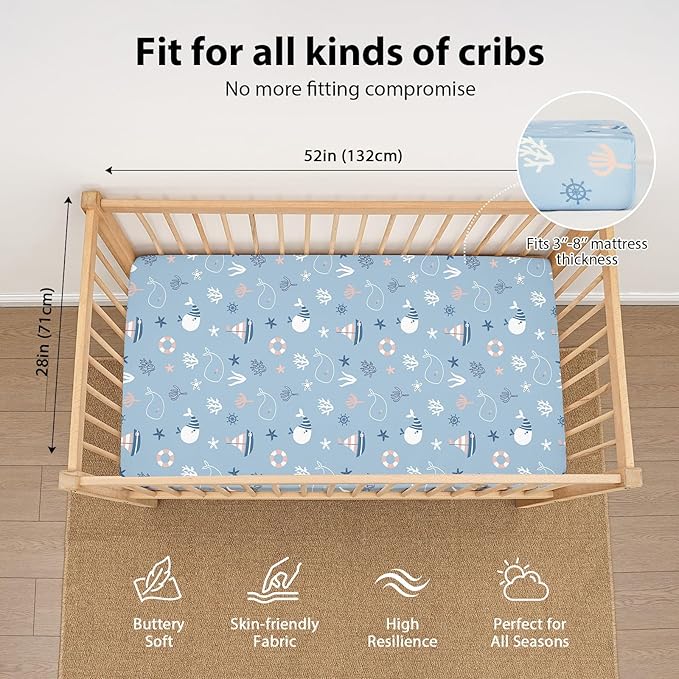 Baby Crib Sheets for Boys and Girls, 3 Pack Toddler Bed Sheets for 52”x28” Standard Toddler Mattresses, Soft Microfiber Fitted Crib Sheets Neutral Blue Ocean Whale
