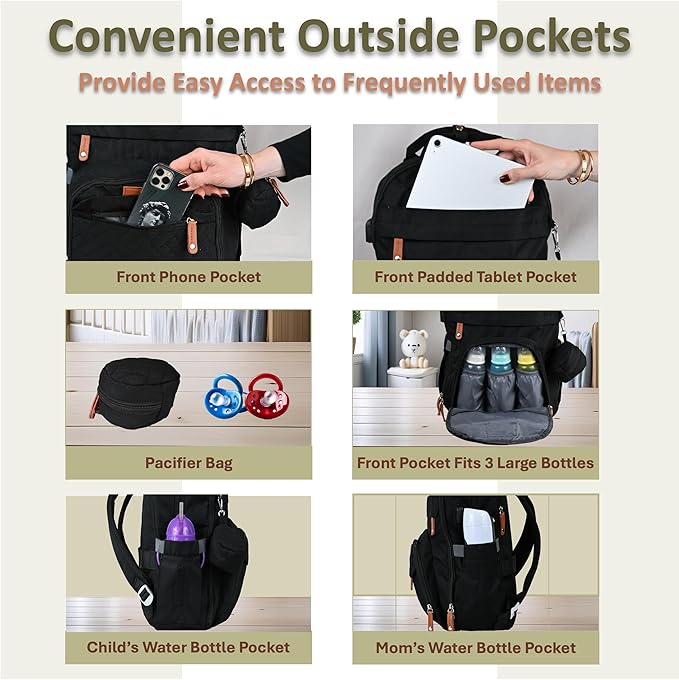 Baby Diaper Bag Backpack - Large Sturdy Bag for Boys & Girls, Changing Pad & Pacifier Case, Large Capacity, Insulated Pockets, Waterproof, Stroller Straps & Carry-on Straps, Unisex - Black
