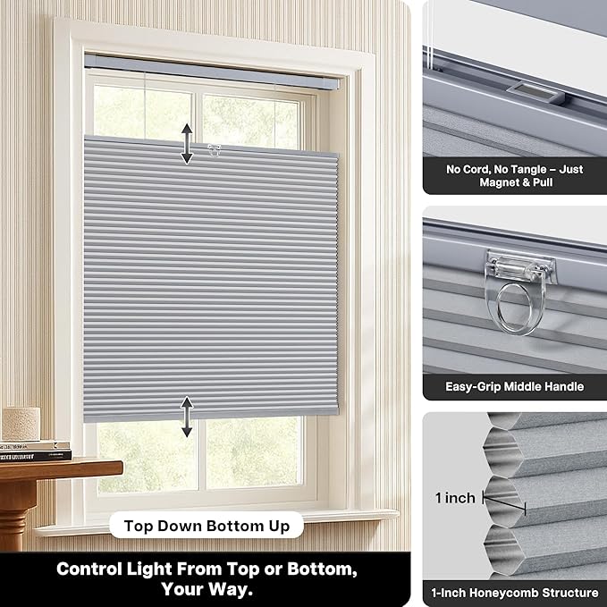 Lazblinds Upgraded Top Down Bottom Up (TDBU) Honeycomb Blinds, No Drill No Tools Easy Install Cordless Cellular Shades for Windows 35" W x 64" H, Dark Grey - Blackout