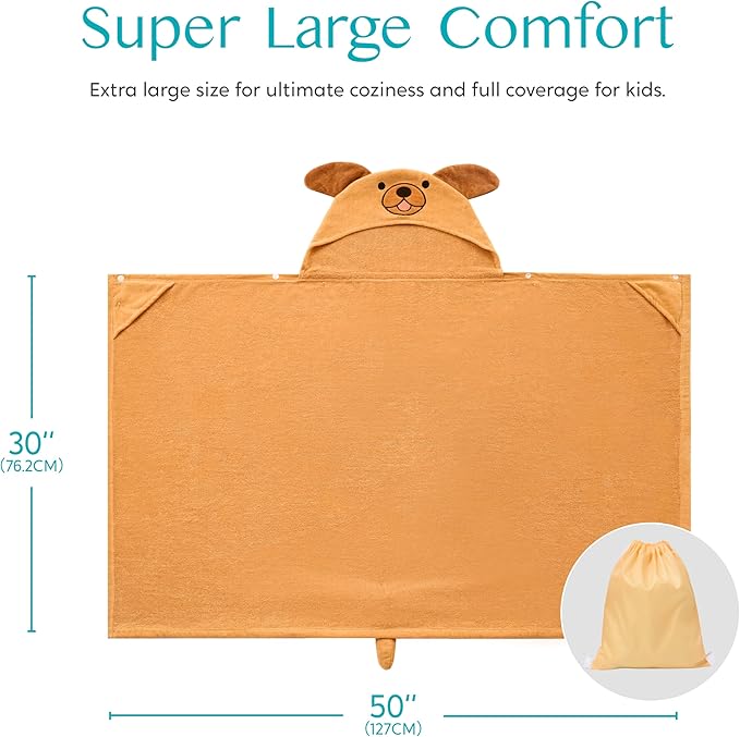 Joiedomi Hooded Towel for Kids Soft 100% Cotton Bath Beach Towel 30" x 50" for Kids 3-10 Years Toddler Pool Poncho with Hood Absorbent Swim Wrap for Boys Girls Brown Dog
