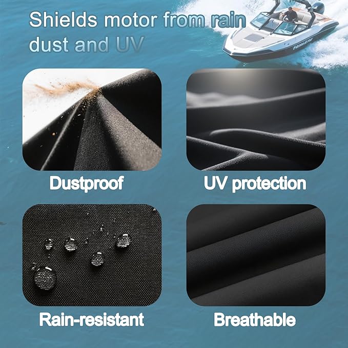 Universal 30-60 HP Outboard Motor Cover, 24×14×19 inches for Fishing Boats, Yachts & Workboats Dustproof Heavy-Duty Black UV Resistant Waterproof Boat Engine Protector with Adjustable Straps