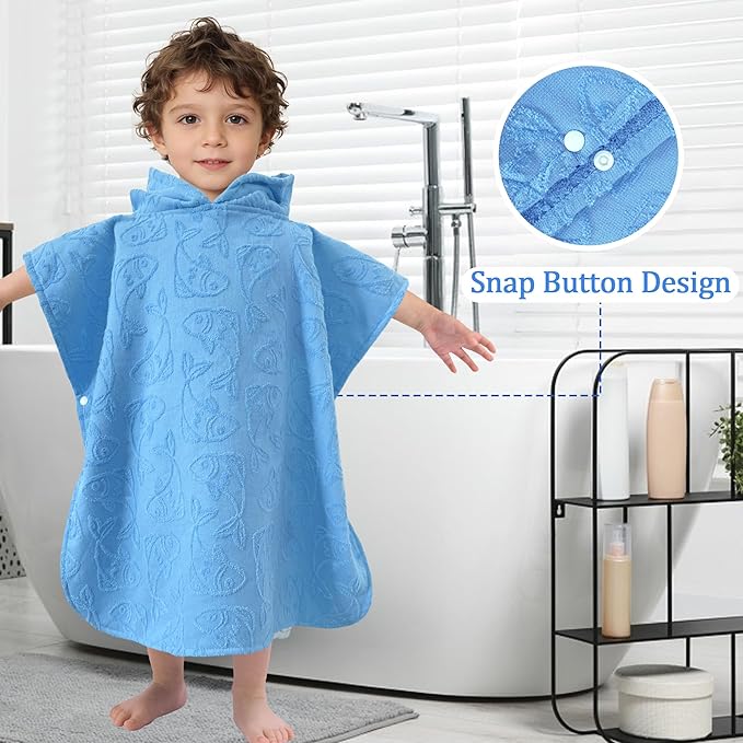 Toddler Bath Towels with Hood, Oversized (2-4Years,22"X22") Made from 100% Soft Cotton,Absorbent Hooded Poncho Towel for Baby Boy,Perfect for Pool | Swimming | Bath | Beach,Jacquard Blue Fish