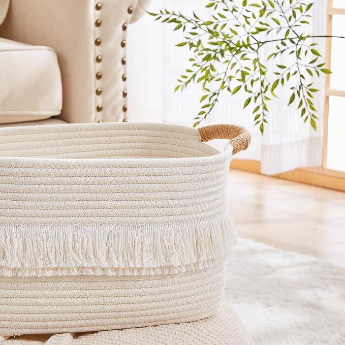 Storage Bins Woven Baskets for Storage Set of 3, Cotton Rope Basket with Handles for Toys/Shelves/Laundry, Rectangle Multi-Purpose Organizer for Living Room, Bedroom, Nursery (White)