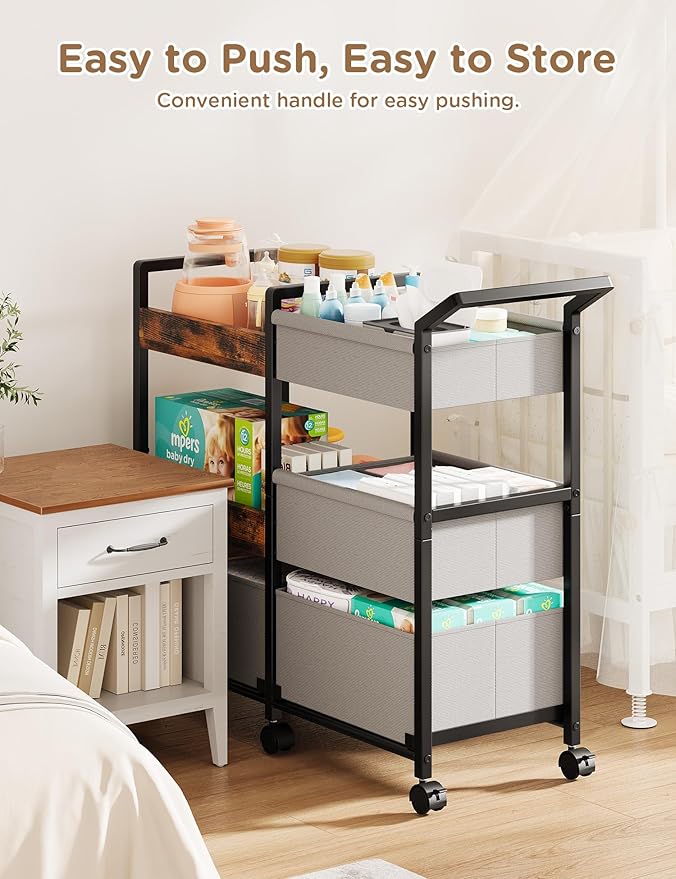 Baby Diaper Caddy Organizer, 3 Tier Rolling Storage Cart with Dividers and Drawers, Bedside Utility Cart for Nursery Essentials, Large Capacity Mobile Storage Cart for Crib, Bedroom