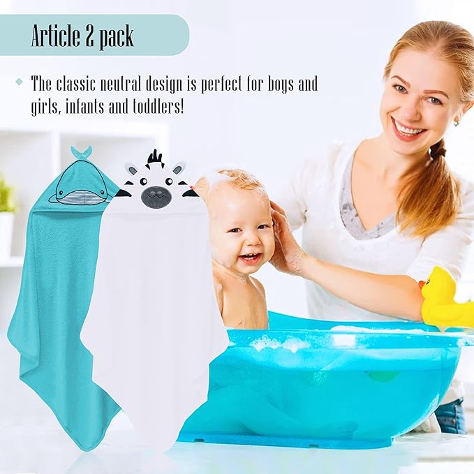 Cute Castle 2 Pack Hooded Baby Towel Rayon Made from Bamboo with 8 Washcloths - Soft Bath Towel for Bathtub for Babie, Newborn, Infant, Natural Baby Stuff Towel (Zebra and Whale)