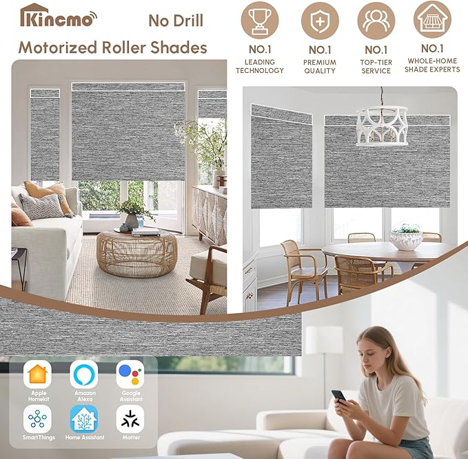 Kincmo No Drill Motorized Blinds with Remote, 100% Blackout Roller Shades for Windows, Custom Electric Blinds Compatible with Alexa, Apple Homekit, Google Home (100% Blackout Dreamy Dark Grey)