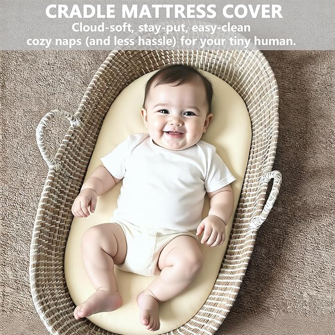 Vegan Leather Bassinet Sheets for Baby, Waterproof Wipeable, Extra Thick & PortableFit for Hourglass Oval Rectangular Cradle Pad Sheets, Standard Cradle Safe Sheets for Baby Boys Girls 32"x16"(Beige)