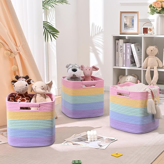 11 Inch Storage Cubes, 3 Pack Cube Storage Bins for Organizing, Cotton Rope Woven Baskets for Shelves, Bathroom, Kids Room, Closets, Baby Nursery