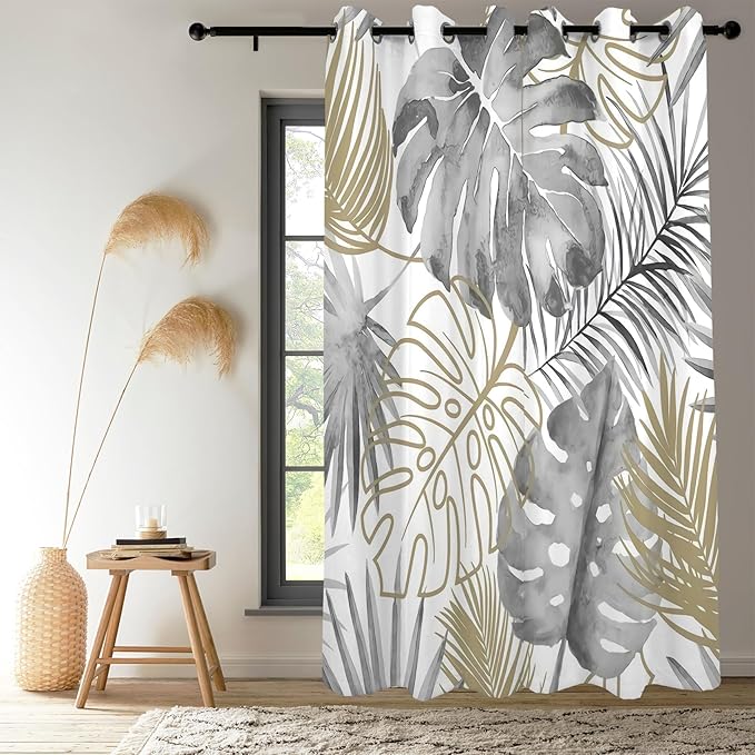 Renaiss Tropical Leaf Blackout Curtains, Gray Palm Monstera Leaf Thermal Insulated Bedroom Window Curtains, Botanical Plants Window Curtains for Kitchen, 45" L x 29" W 2 Panel Set