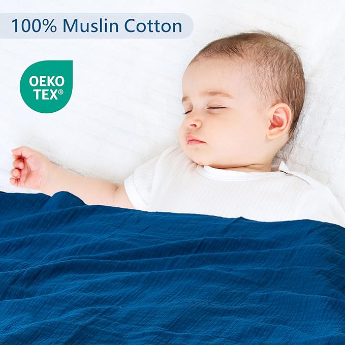 3-Pack 100% Cotton Muslin Swaddle Blankets, Large 47 x 47 Inches — Breathable Soft Receiving Blankets for Newborns, Swaddling Wraps, Registry Gift (Classic Blue & Gray)