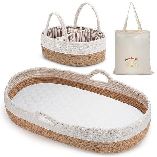 Moses Basket by The Baby Wey, Moses Baskets for Newborn, Baby Changing Basket, 2 Washable Waterproof Pad Covers, Diaper Caddy, Tote Bag, Portable Changing Pad