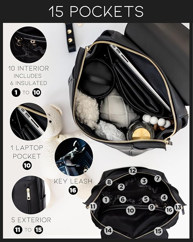 MIA + SOPHIA Leather Diaper Bag Backpack with USB Charging port, Changing Pad, Stroller Straps (Black Olivia)