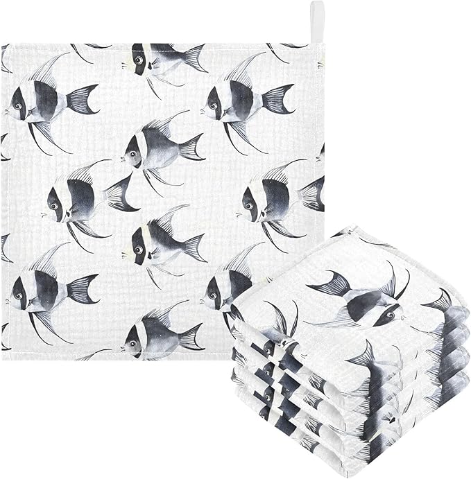 vvfelixl Baby Muslin Washcloths Black and White Angelfish Baby Burp Cloths Cotton Babys Face Towel for Newborn Infants Boys Girls Soft and Absorbent 11.8 X 11.8 in, 3 Pack