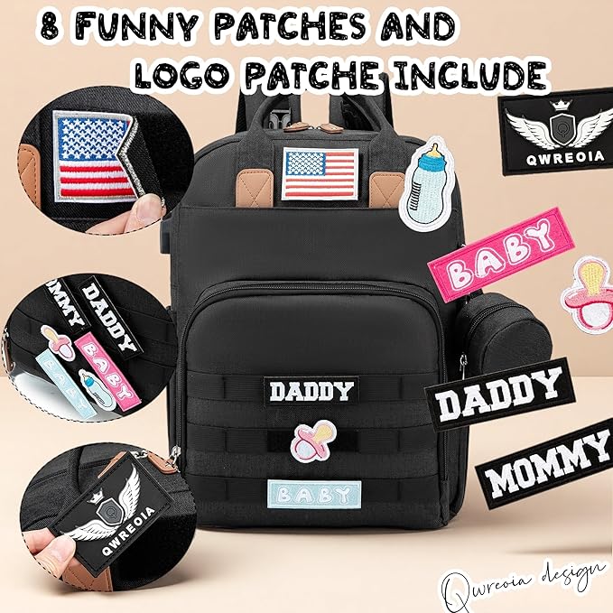 Expandable Diaper Bag Backpack for Dad and Mom – Large Capacity Baby Diaper Bag with Premium Leather, Changing Pad, Insulated Bottle Pockets, Stroller Straps, Laptop Sleeve – Black Travel Diaper Bag