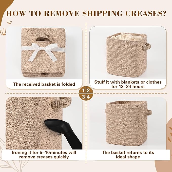13 Inch Storage Cubes, 3 Pack Cube Storage Bins for Organizing, Cotton Rope Woven Baskets for Shelves, Bathroom, Kids Room, Closets, Baby Nursery