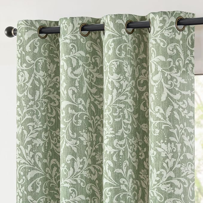 jinchan Blackout Curtains for Bedroom, Green Scroll Floral Patterned Curtains 96 Inch Length for Living Room, Farmhouse Vintage Art Deco Drapes, Thermal Insulated Window Curtains Grommet 2 Panels