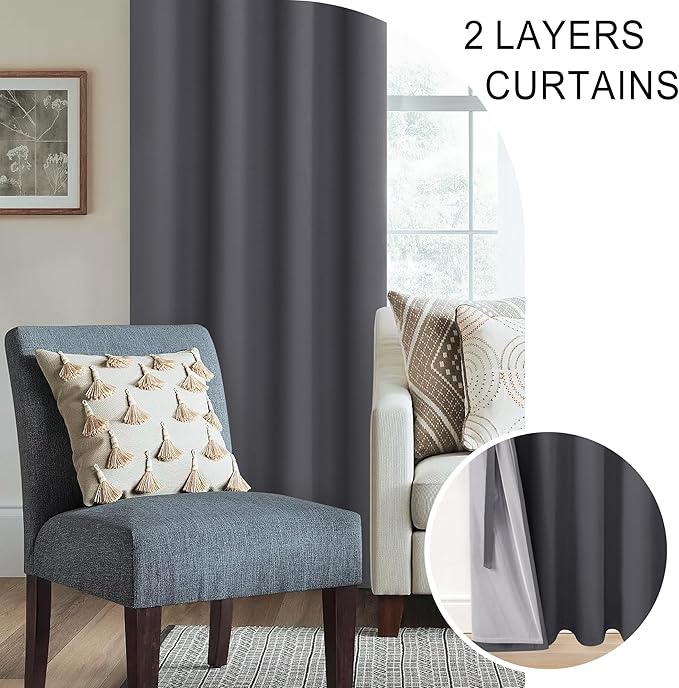 XWZO 100% Blackout Curtain Panels - Rod Pocket & Back Tab Thermal Insulated, Noise Reducing and Heat Blocking Drapes for Hall and Studio Windows with Tiebacks, Dark Grey, W52 x L63, Set of 2