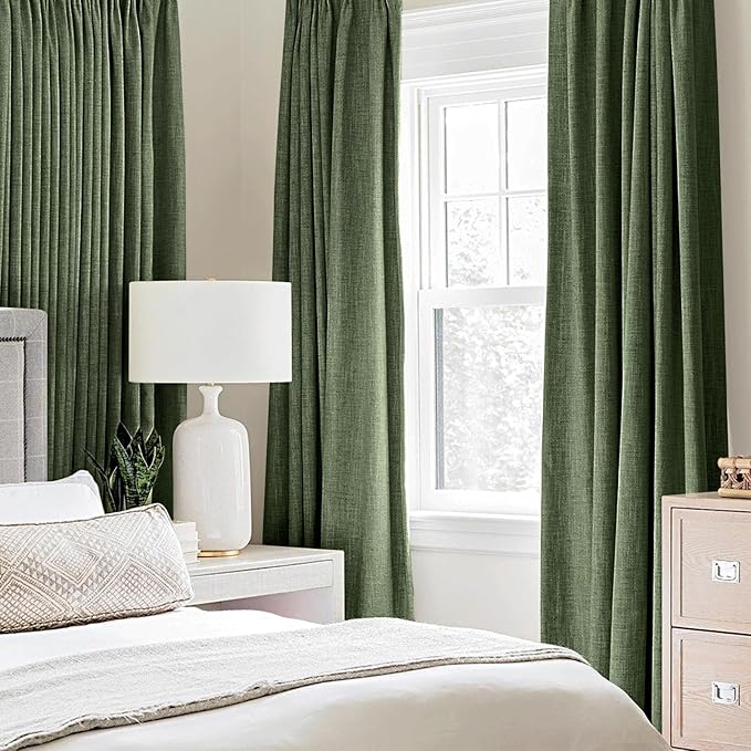 MIULEE 100% Blackout Linen Textured Curtains for Bedroom Solid Thermal Insulated Olive Green Grommet Room Darkening Curtains & Drapes Luxury Decor for Living Room Nursery 52 x 63 Inch (2 Panels)