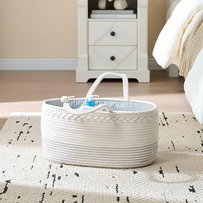 luxury little Diaper Caddy Organizer, Large Cotton Rope Nursery Baby Basket, Changing Table Organizer for Baby Diaper Storage, Portable Car Organizer Removable Divider (Off White, Extra Large)