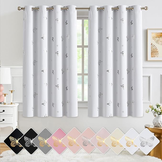 Jubilantex White Metallic Silver Butterfly Blackout Curtains 54" Long for Small Window Girls Bedroom Nursery Window Curtains,Grommet Top 2 Panels