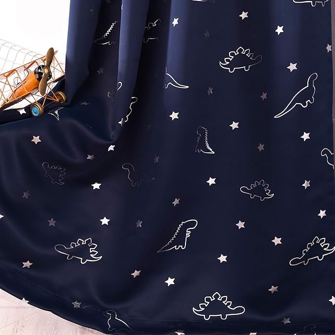 LORDTEX Dinosaur and Star Foil Print Blackout Curtains for Kids Room - Thermal Insulated Curtains Noise Reducing Window Drapes for Boys and Girls Bedroom, 42 x 84 Inch, Navy, Set of 2 Panels