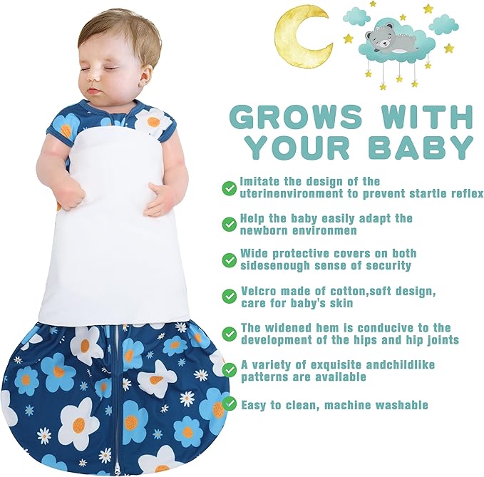 BSTOPPT Newborn Sleep Sack Baby Swaddle,3-Way Adjustable Wearable Blanket,100% Rayon Cotton Swaddling Sleeping Bag，TOG 0.5 (Gerbera & Tulips, 6-12 Months)