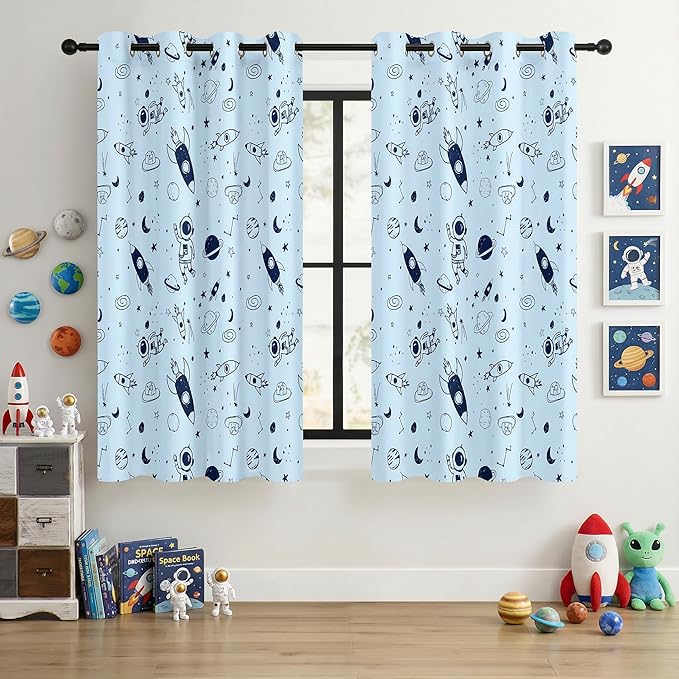 Kids Space Rocket and Astronaut Blackout Curtains - 100% Blackout, Thermal Insulated, Noise Reducing, Perfect for Kids Room and Nursery, 2 Panels (Sky-Blue Space Doodles, W52×L63)