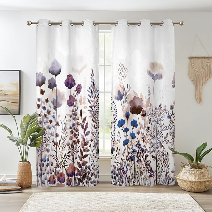Renaiss Wild Flowers Blackout Curtains, Pastel Botanical Floral Print Thermal Insulated Bedroom Window Curtains, Nature Plants Window Drapes for Living Room, 84" L x 53" W 2 Panel Set