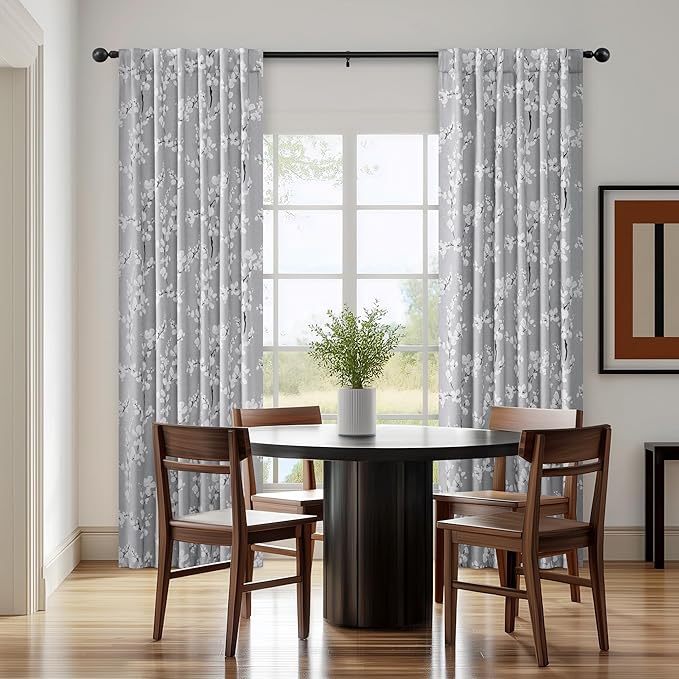 FMFUNCTEX 100% Blackout Floral Curtains for Bedroom, Grey Curtains 96 inch Length Blossom Flower Patterned for Living Room,Thermal Insulated Drapes Farmhouse, Rod Pocket 2 Panels (White on Grey)