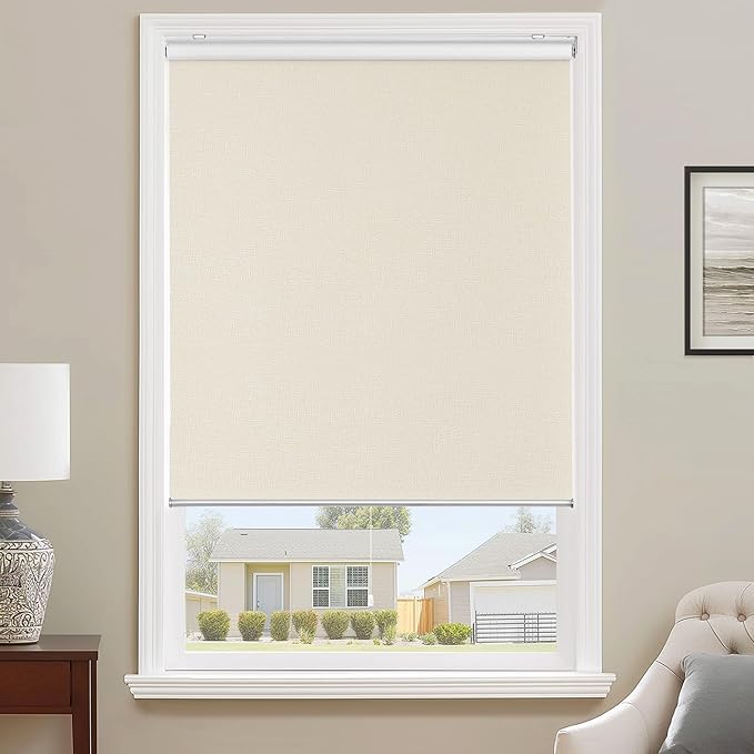 ChrisDowa Cordless 100% Blackout Roller Shade, with Striped Jacquard, Thermal Insulated, UV Protection Fabric, Total Blackout Blinds for Window, French Doors, Home and Office. Beige, 30" W x 72" H