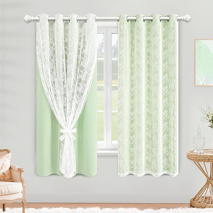 Yinhua Double Layer Blackout Curtains for Bedroom Green Curtains for Living Room 84 Inch Length 2 Panels Set Kid Curtain with Tiebacks, Grommet Drapes with Floral Sheer Overlay, 52" W x 63" L