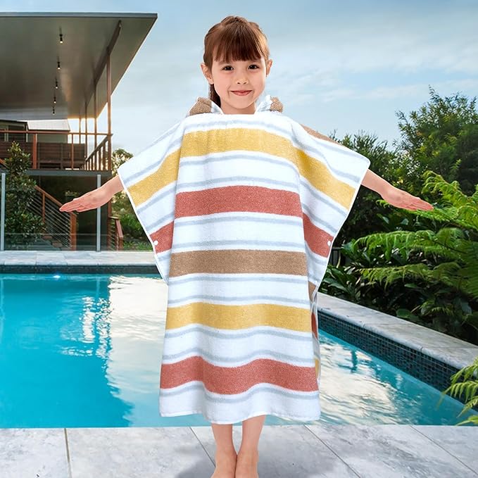 VOOVA & MOVAS Kids Hooded Poncho Towels (4-8Years,27.5"x27.5"),100% Cotton Soft Absorbent Towel for Boys,Perfect for Bathroom | Pool | Beach | Swimming, Jacquard Stripe