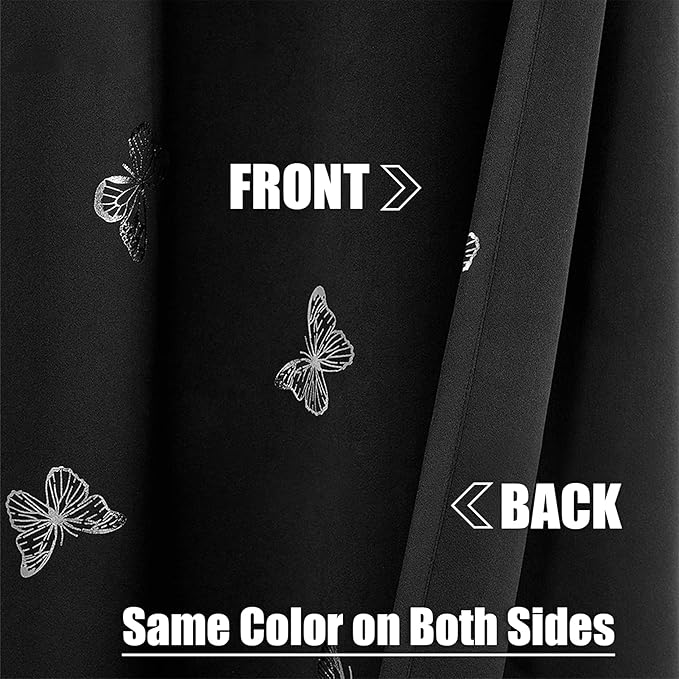 Jubilantex Black Silver Butterfly Blackout Curtains 84 Inches Long for Bedroom Kids Bedroom Nursery Floral Print Window Curtains Grommet Top,2 Panels