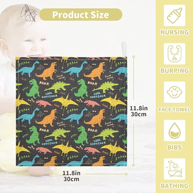 vvfelixl Baby Washcloths Cotton Colored Dino Dinosaurs Baby Muslin Washcloths Soft Baby Face Towel for Newborn Infants, 11.8 X 11.8 Inch, 5 Pack Black