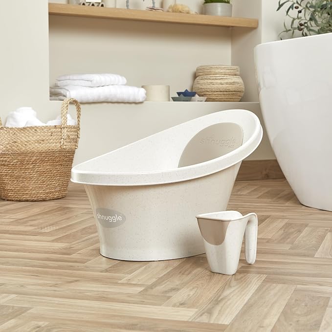 Shnuggle ECO Newborn Baby Bath | Recycled Material with Built-in Support Bump and Soft Backrest | Suitable from Newborn | Includes Water Plug | Cookies and Cream Colour | Beige Taupe Speckled