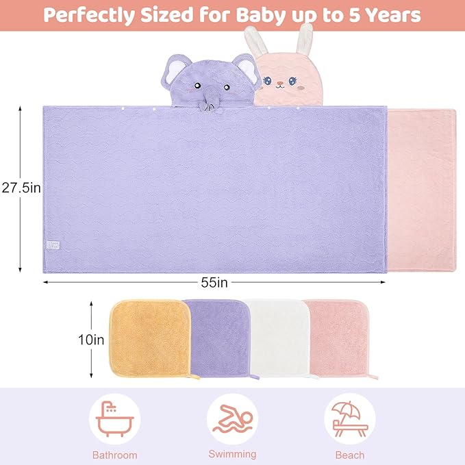 6 PCS Toddler Bath Towel Set for Boy Girl 0-5 Year, 2 PCS Thick Absorbent Hooded Baby Bath Towels Large 55" x 27.5" & 4 PCS Washcloths, Ultra Soft Gift for Infant, Toddler, Kids, Rabbit & Elephant