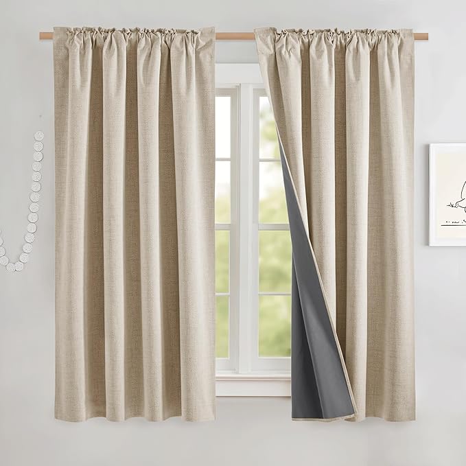 NICETOWN Cream Linen Complete Blackout Curtains 48 inches, Thermal Insulated & Noise Reducing Window Draperies with Grey Liner, Noise Reducing Short Drapes for Kids Room (52" W by 48" L, 2 Panels)