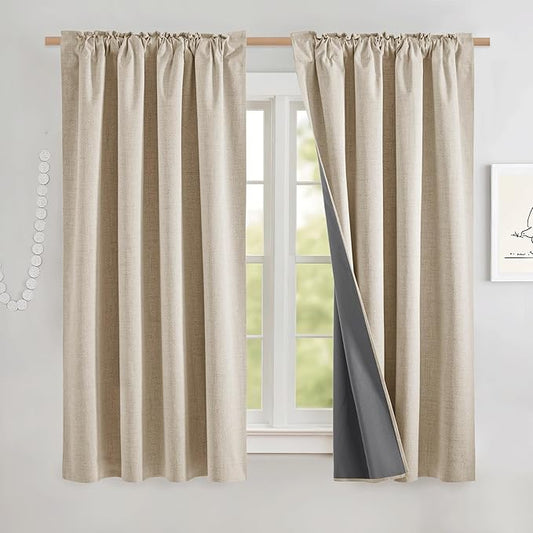 NICETOWN Cream Short 100% Blackout Curtains 63" Lenghth Burg for Kitchen, Burlap Linen Drapes with Thermal Insulated Grey Liner, Keeping Out Cold Air and Heat Panels (Set of 2, 52" Width)