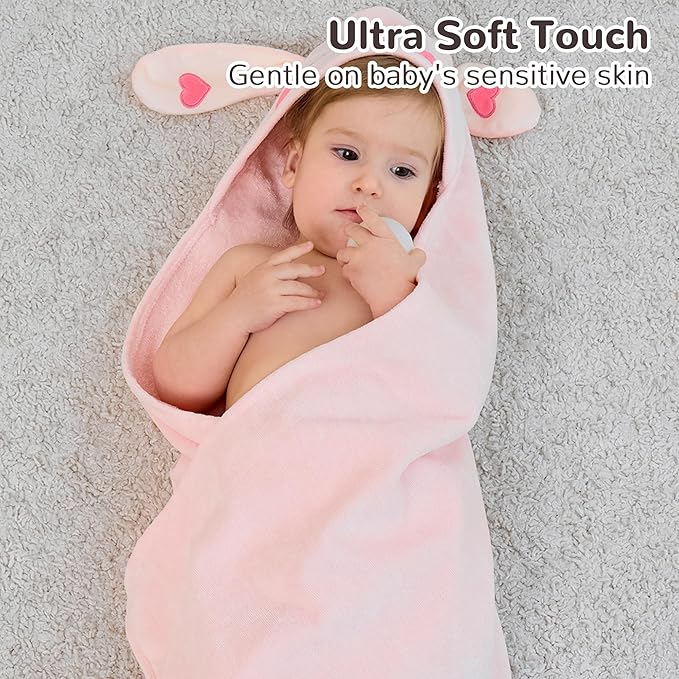 Viviland 2 Pack Hooded Baby Towels, Soft 100% Cotton Baby Bath Towels with Hood, Extra Thick and Absorbent, Essential for Newborns, Kids, Infants - Girls and Boys (Cat & Rabbit)