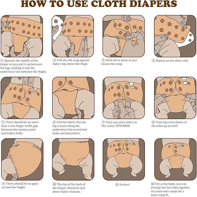 Mama Koala 3.0 Pocket Cloth Diapers for Babies with AWJ Lining, 6 Pack with 6 4-Layer Natural Cloth Diaper Inserts - Reusable and Washable Pocket Diapers(Neutral Leave)