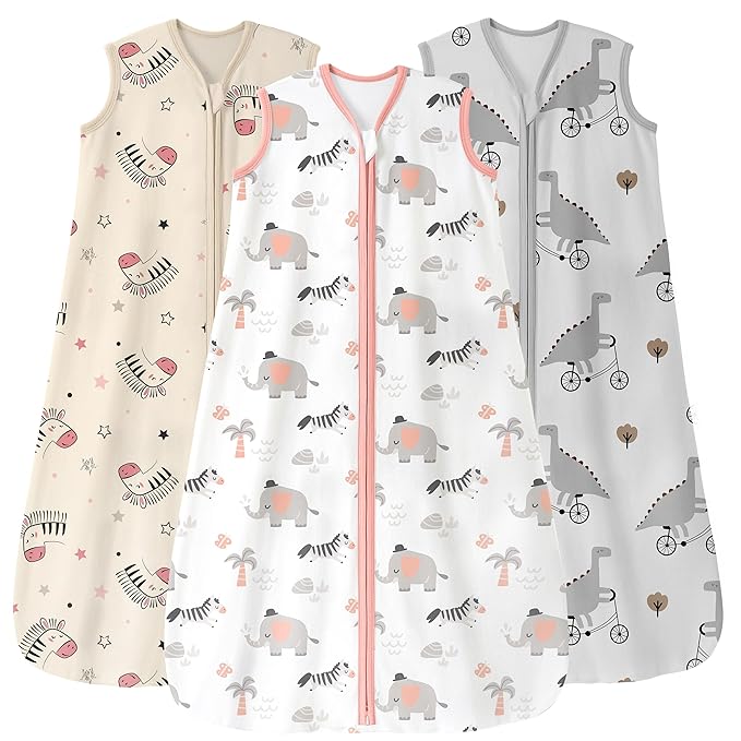 Unnivoll Baby Sleep Sack 6-12 Months 3 Pack 100% Cotton Lightweight 0.5 TOG Wearable Blanket Baby Sleep Bag with 2-Way Zipper for Newborn Infant Pink Apricot Gray Zebra