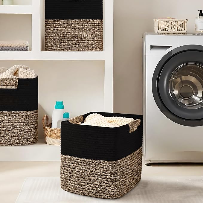 13 Inch Storage Cubes, 3 Pack Cube Storage Bins for Organizing, Cotton Rope Woven Baskets for Shelves, Bathroom, Kids Room, Closets, Baby Nursery