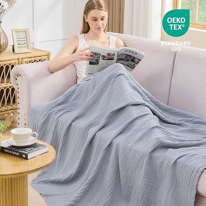 EMME Cotton Muslin King Blanket Big Oversized Bed Layering Bedspread Coverlet Breathable Gauze Soft Lightweight Blankets (Dusty Blue, 120"x94")