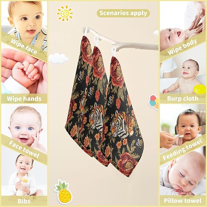 vvfelixl Baby Muslin Washcloths Tiger Bee Flower Baby Burp Cloths Cotton Babys Face Towel for Newborn Infants Boys Girls Soft and Absorbent 11.8 X 11.8 in, 3 Pack