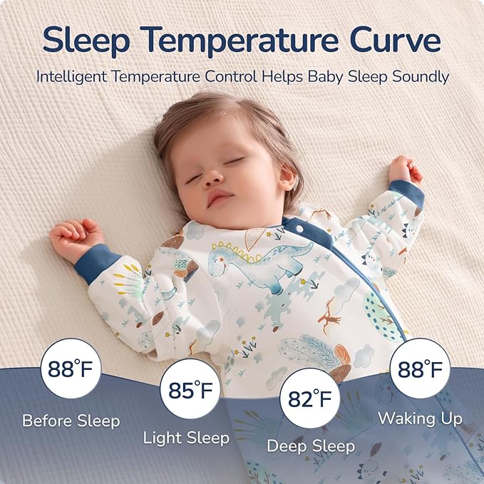 Baby Sleep Sack 3–6 Months, Cotton Sleep Sack with Detachable Long Sleeves, 1.0 TOG Wearable Blanket for Cooler Nights, 2-Way Zipper Toddler Sleeping Sack with Temperature Strip, Dinosaur